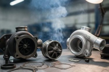 Turbina automotiva desmontada com conjunto rotativo e juntas expostos, fumaça azul ao fundo indicando queima de óleo