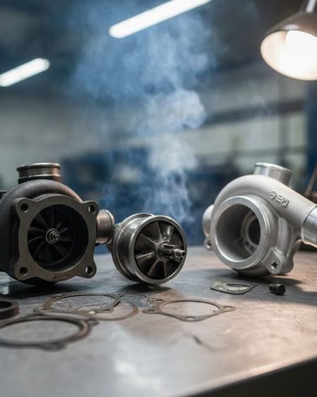 Turbina automotiva desmontada com conjunto rotativo e juntas expostos, fumaça azul ao fundo indicando queima de óleo