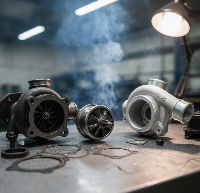 Turbina automotiva desmontada com conjunto rotativo e juntas expostos, fumaça azul ao fundo indicando queima de óleo