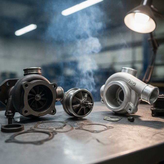 Turbina automotiva desmontada com conjunto rotativo e juntas expostos, fumaça azul ao fundo indicando queima de óleo