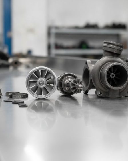 Turbina do Iveco Daily desmontada sobre bancada de oficina automotiva com peças do conjunto rotativo ao lado