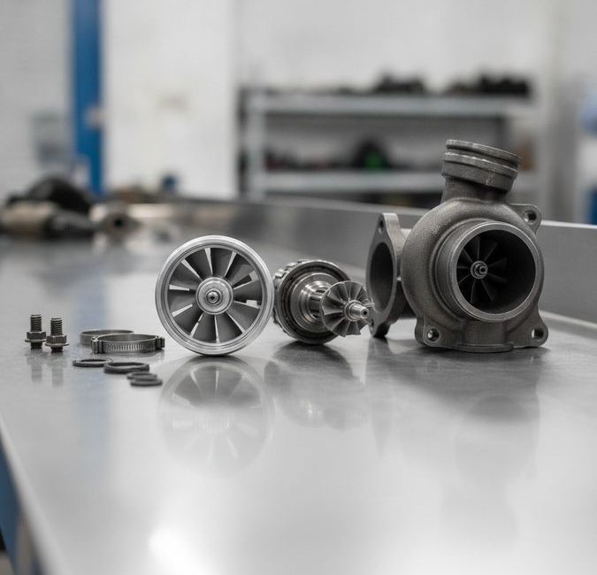 Turbina do Iveco Daily desmontada sobre bancada de oficina automotiva com peças do conjunto rotativo ao lado