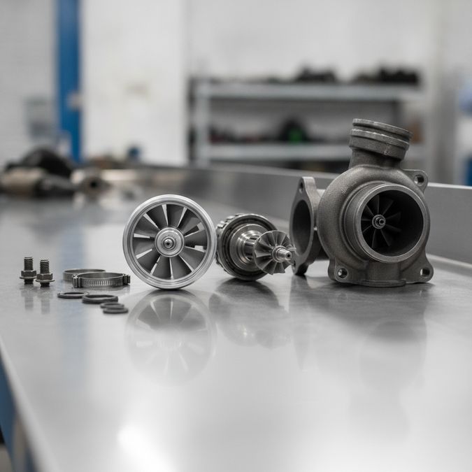 Turbina do Iveco Daily desmontada sobre bancada de oficina automotiva com peças do conjunto rotativo ao lado